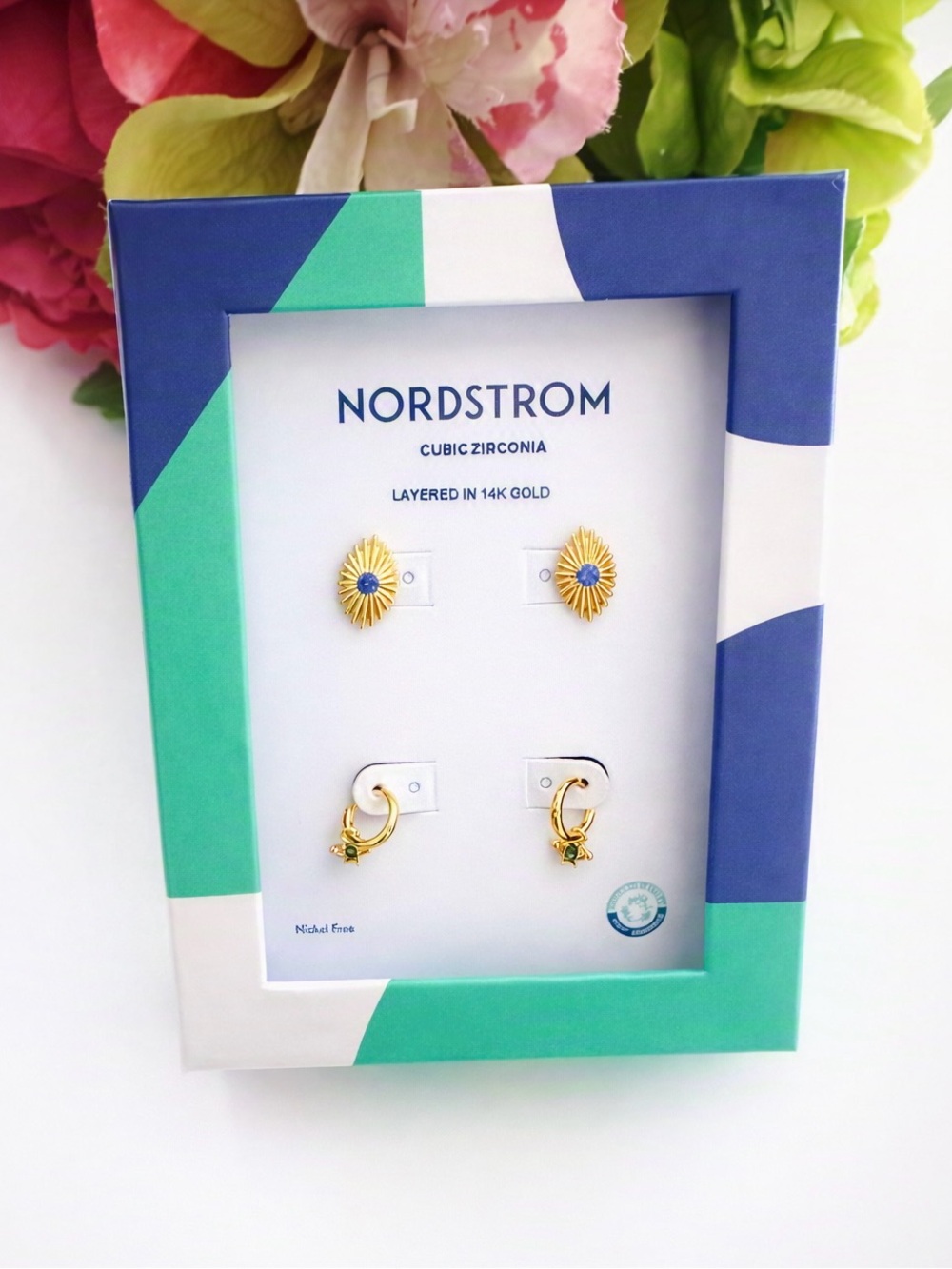 Nordstrom Gold Sunburst Studs and Gold Hoops with Blue and Green Accents NWT